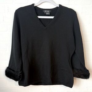 Beautiful Merino Wool Black V-Neck Sweater w/Faux Fur Cuffs by Karen Kane Sz S